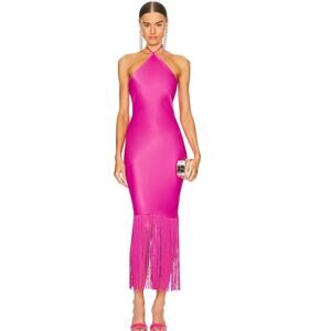 Camila Coelho Dress Payton Maxi Halter Womens Hot Pink Fringe Crepe Dress XS